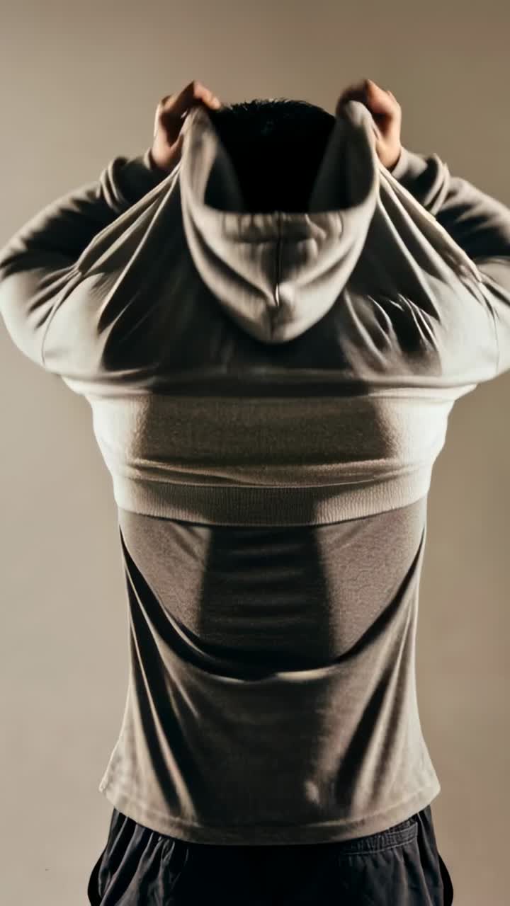 縦長動画：バーにかけられたパーカーが見え、スタジオでTシャツを着た男性がパーカーを頭からかぶる様子。
