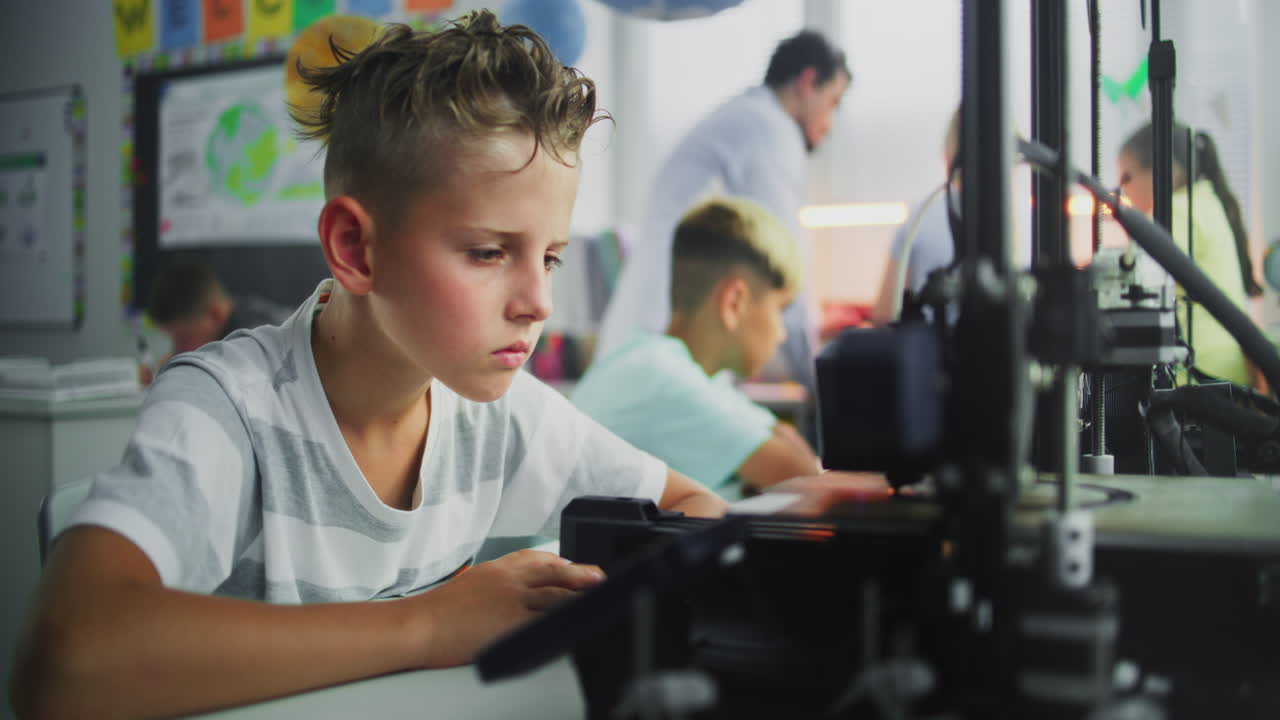 Talented Young Boy Using 3D Printer Touchscreen Studying Advanced Automated 3D Printing