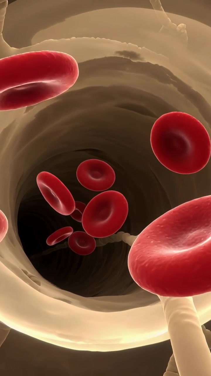 Vertical video: Camera moving into vessel causing red cells flowing past pale fibers by blood flow
