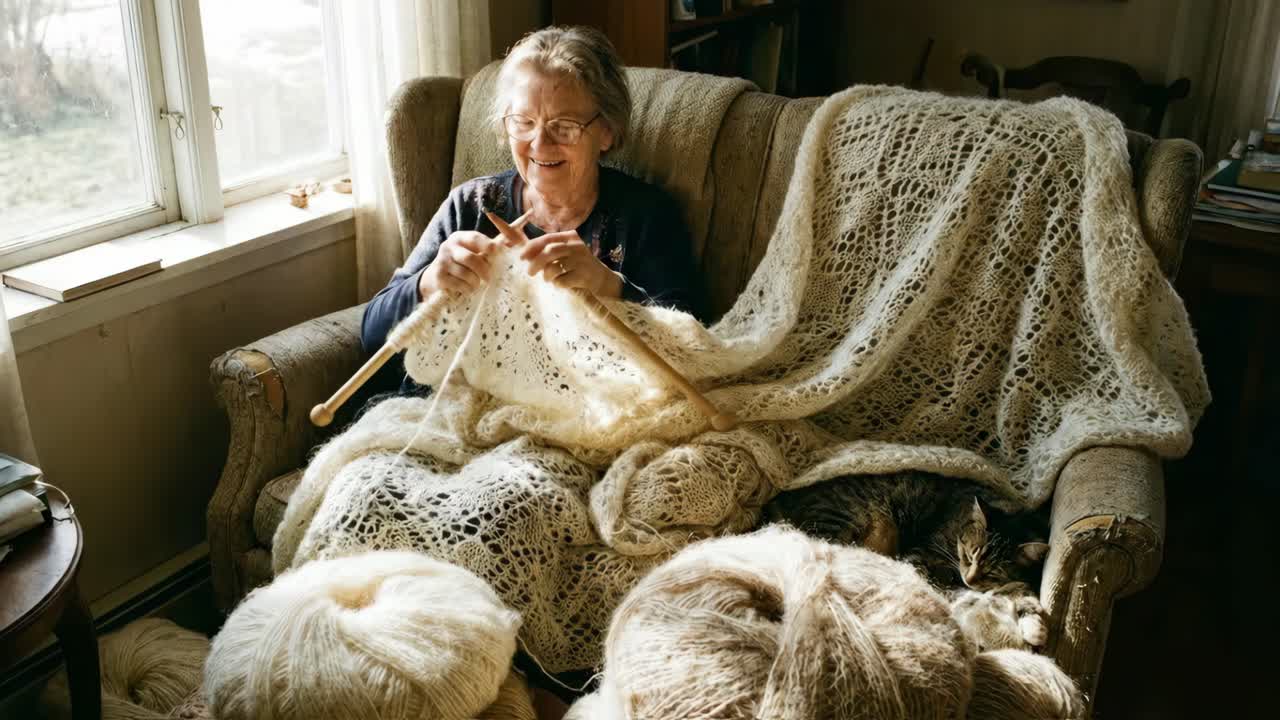 Donna anziana che lavora a maglia uno scialle