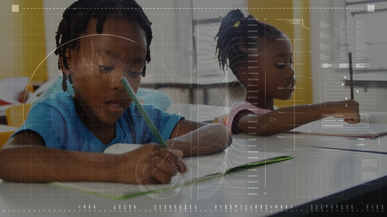 Two students leaning over notebooks in education scene showing HUD-style grids and scanning lines