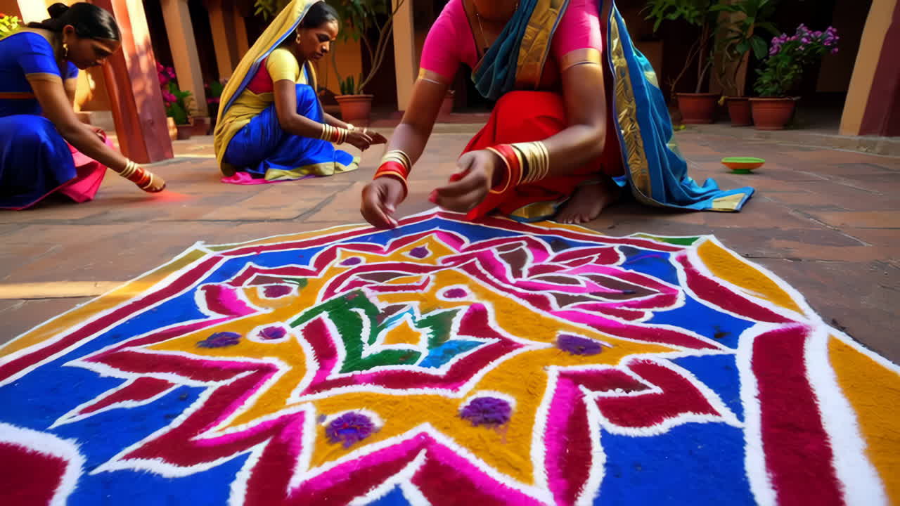 Indian Women Creating Rangoli Patterns