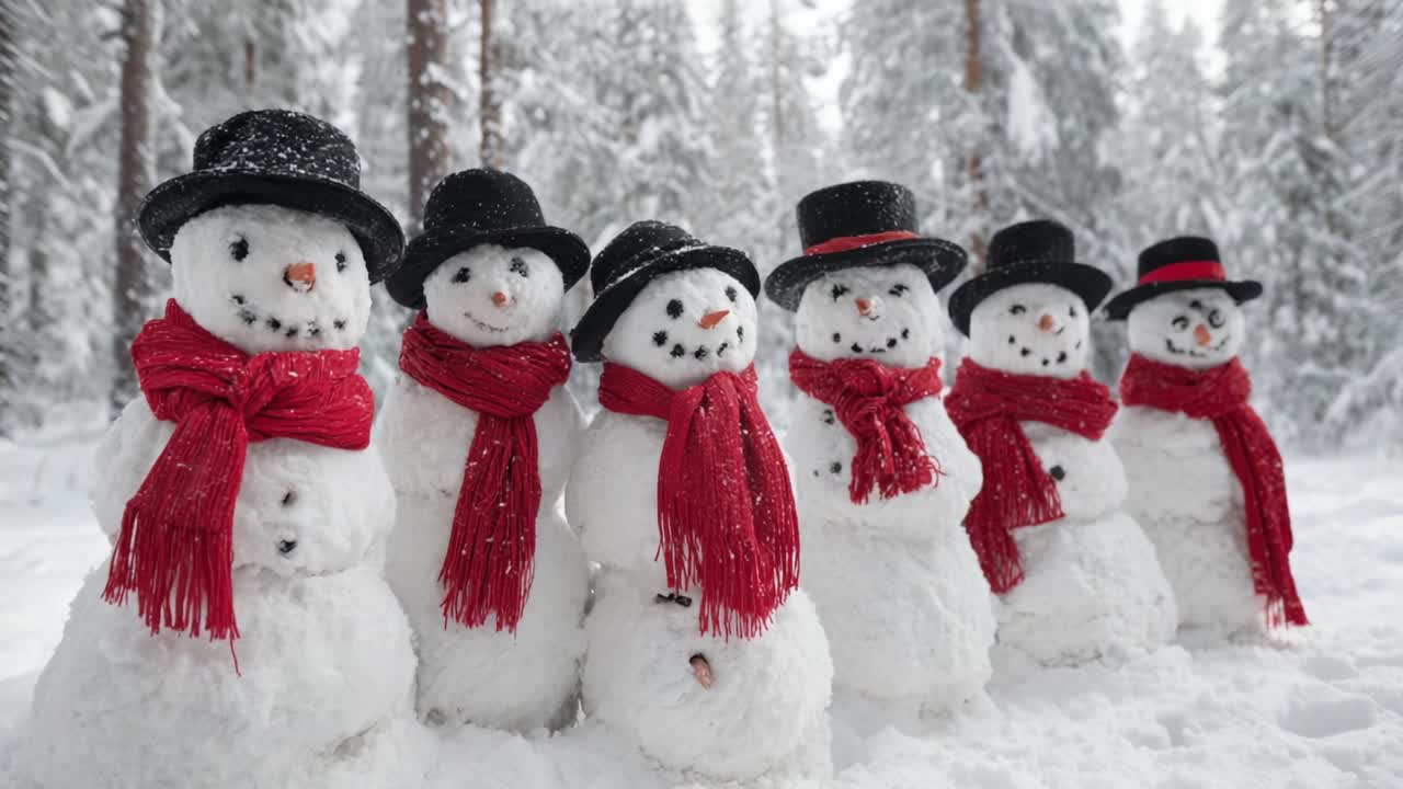 A Charming Collection of Snowmen Dressed in Black Hats and Red Scarves Stand Together in a Serene Winter Landscape Surrounded by Majestic Trees and Gentle Snowfall