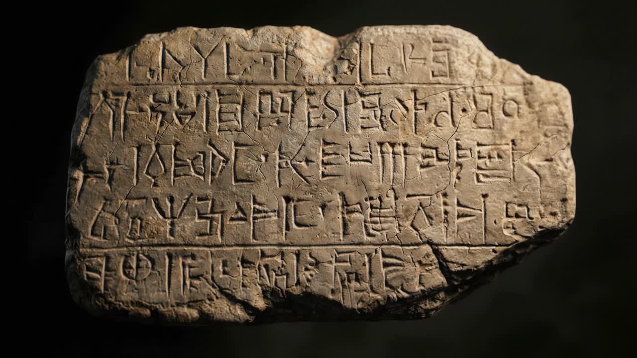 Ancient inscribed stone tablet rotating in dark space with carved ...
