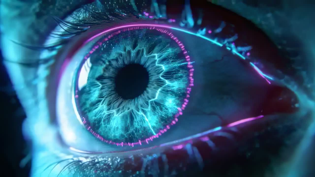 Signal activating cyber overlay, human eye tracking scan at studio, cyan iris magenta ring pulsing