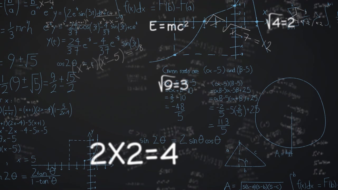 Animation of mathematical equations, formulas and diagrams floating against grey background