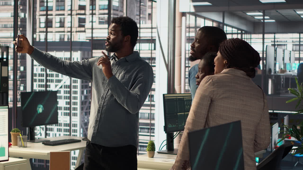 Diverse Team Taking a Selfie in Modern Office