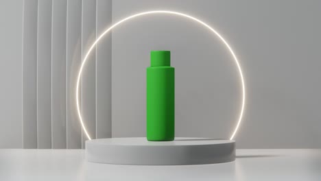 Colocación-De-Botellas-De-Productos-Cosméticos-En-Un-Soporte-De-Círculo-Blanco-Con-Un-Semicírculo-Iluminado-En-El-Fondo,-Receptor-Verde,-Movimiento-Lento,-Presentación-En-3d