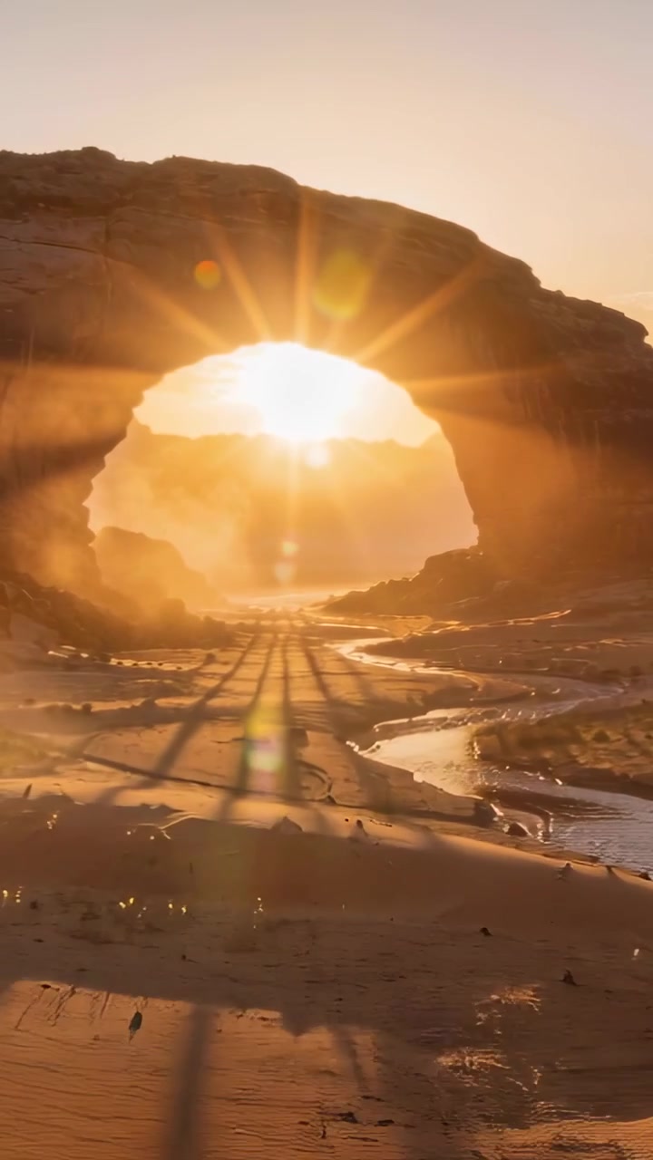 Vertical video: Sun moving through rock arch flooding beach with starburst, rippled sand reflecting