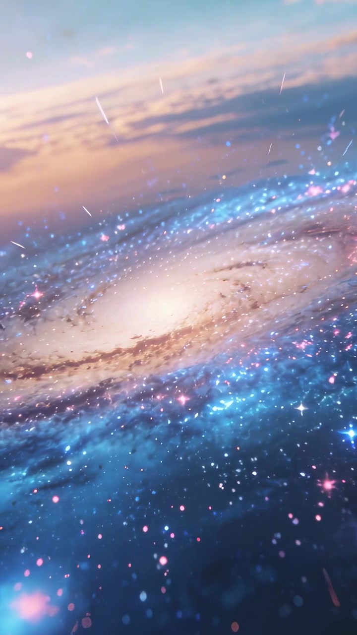 垂直影片：攝影機平移，顯示螺旋星系在柔和色調的天空中旋轉，伴隨著發光粒子。