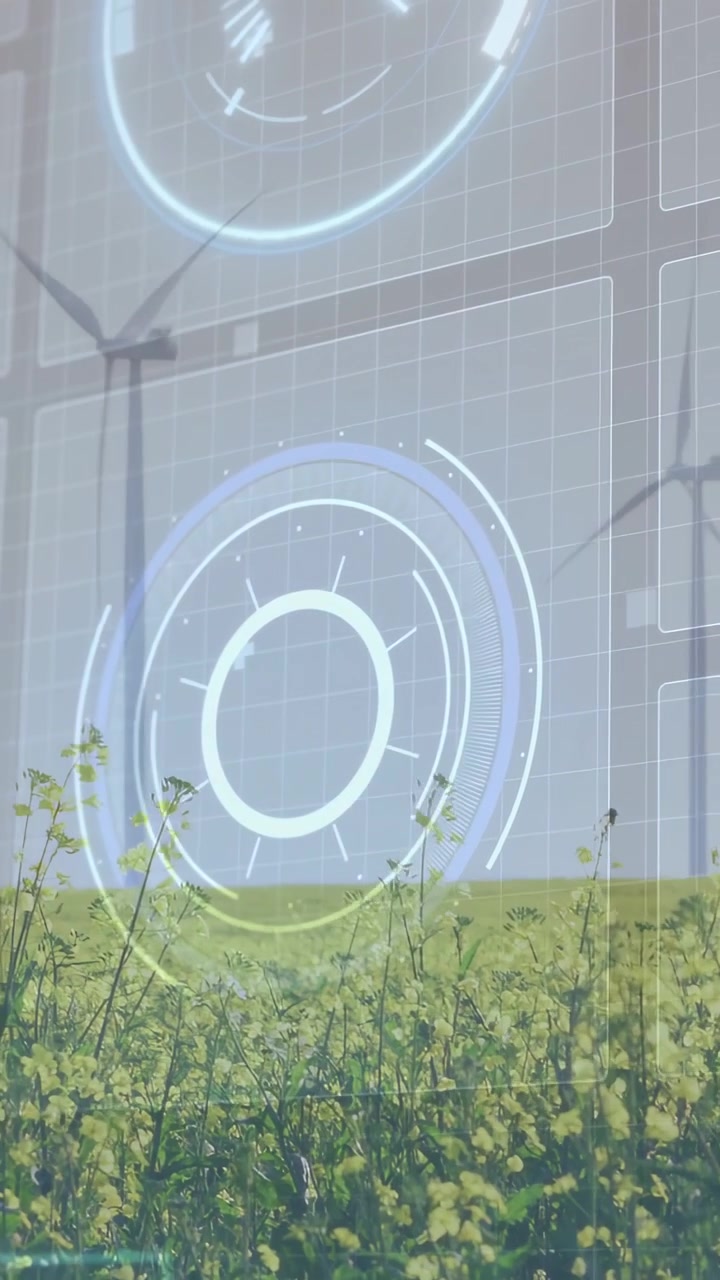 Video verticale: Anelli HUD che si attivano e brillano sull'orizzonte, turbine che girano, colture che ondeggiano per i dati.