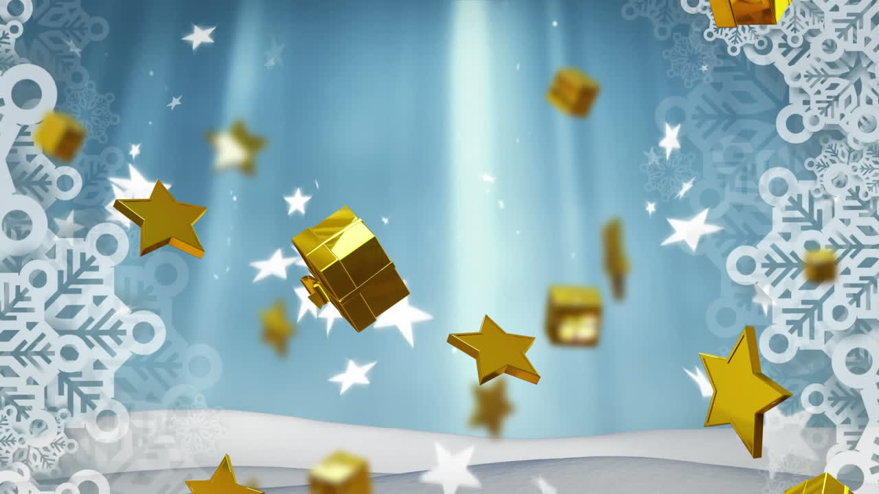 animación de estrellas de oro de navidad y regalos cayendo sobre un fondo azul.