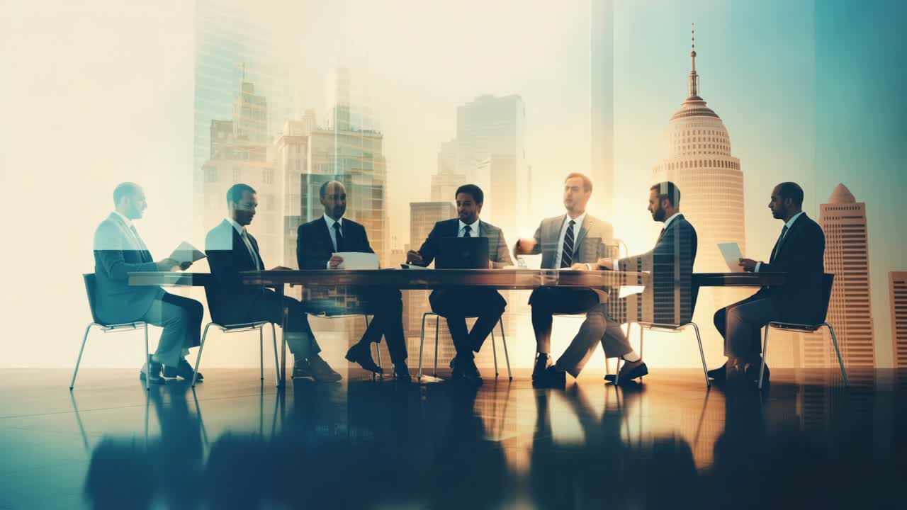 A double exposure video concept showing a business meeting