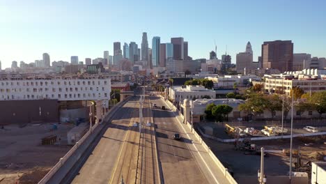 aerial view of downtown los angeles from the la river bridge and union station area