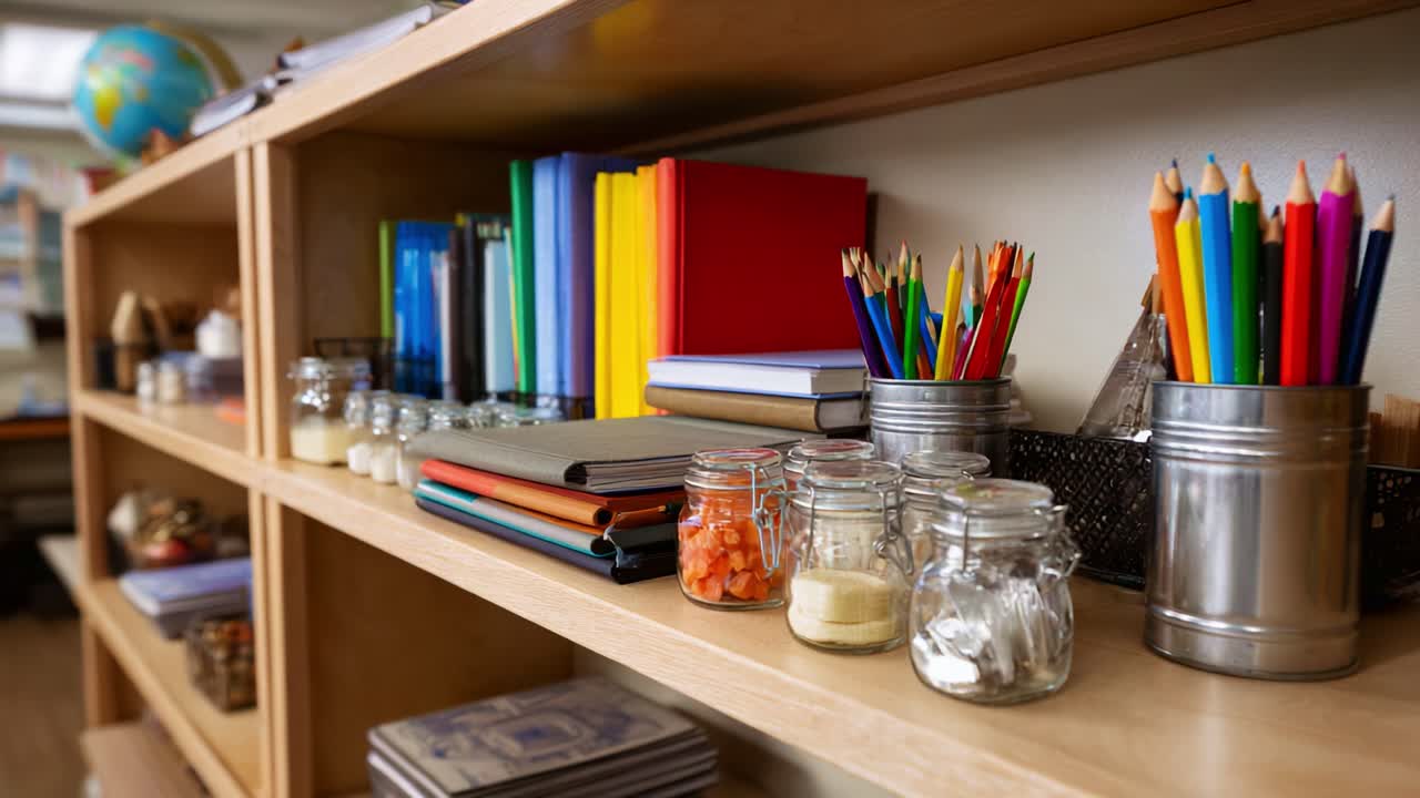 Un'esposizione vivace di cancelleria e forniture su scaffali in legno, con libri colorati, barattoli e materiali artistici per ambienti di apprendimento creativi