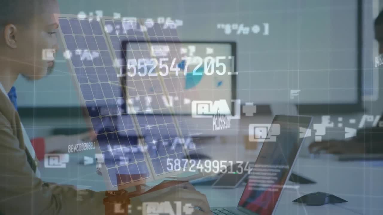 Animation of financial data processing over diverse business people using electronic devices