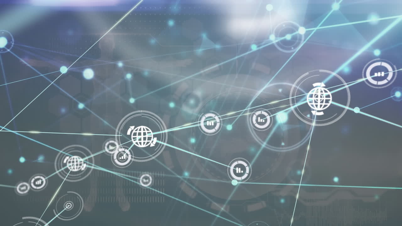 animación de una red de iconos digitales sobre un modelo de cuerpo humano y un escáner redondo sobre un fondo gris