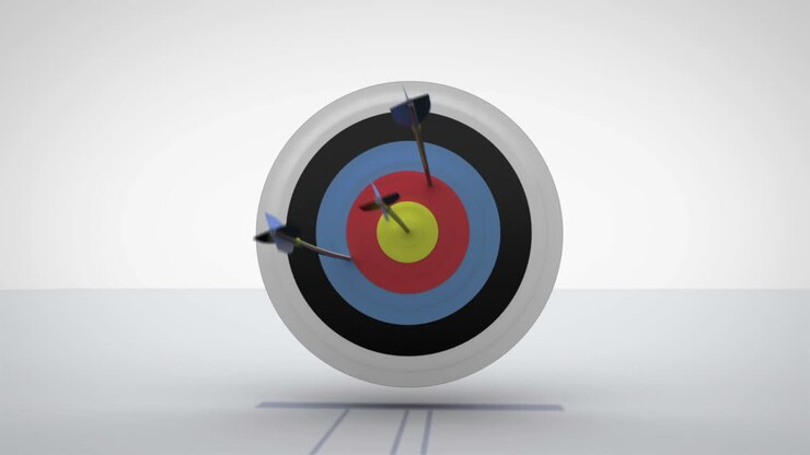 Arrows flying towards dart board and hitting target