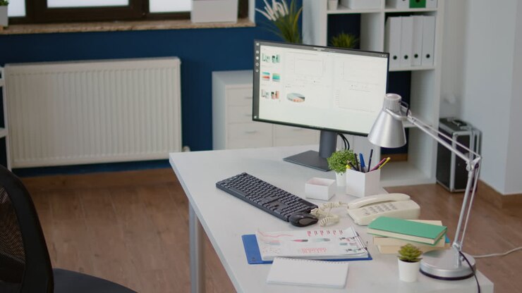 Nobody at startup office desk with sales statistics on computer