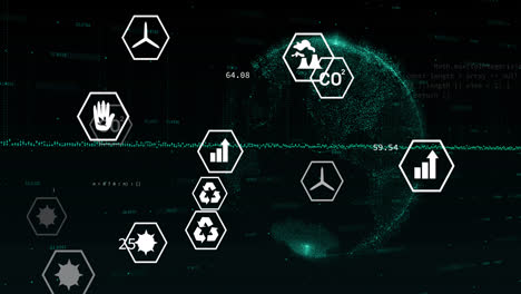 animation of network of eco and environmentally friendly icons over data processing