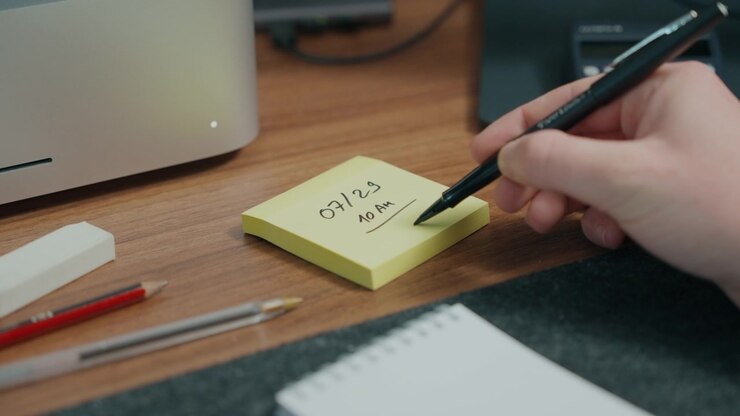 Slow motion close up of hands peeling a sticky note from a pad.