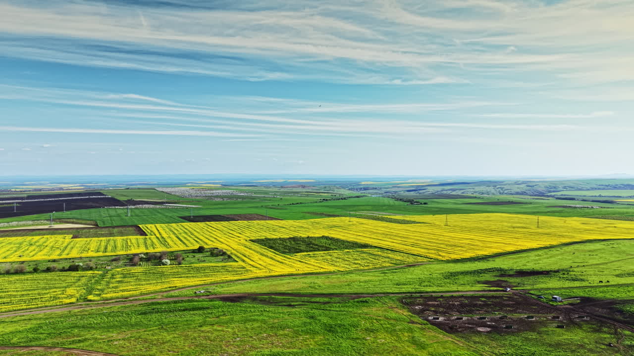 Wide view of green and yellow fields under a blue sky with clouds, capturing the landscape in a rural area during daytime