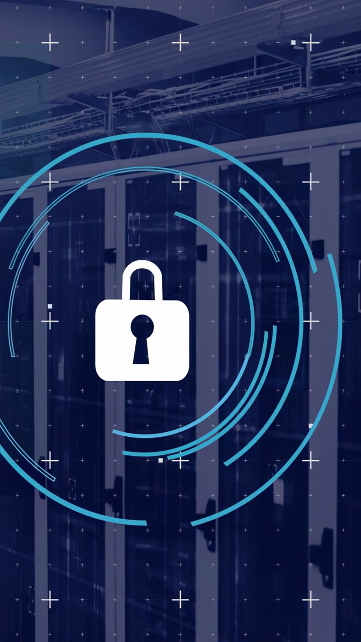 Vertical video: Padlock appearing over server racks, grid sparking spinning rings scanning security