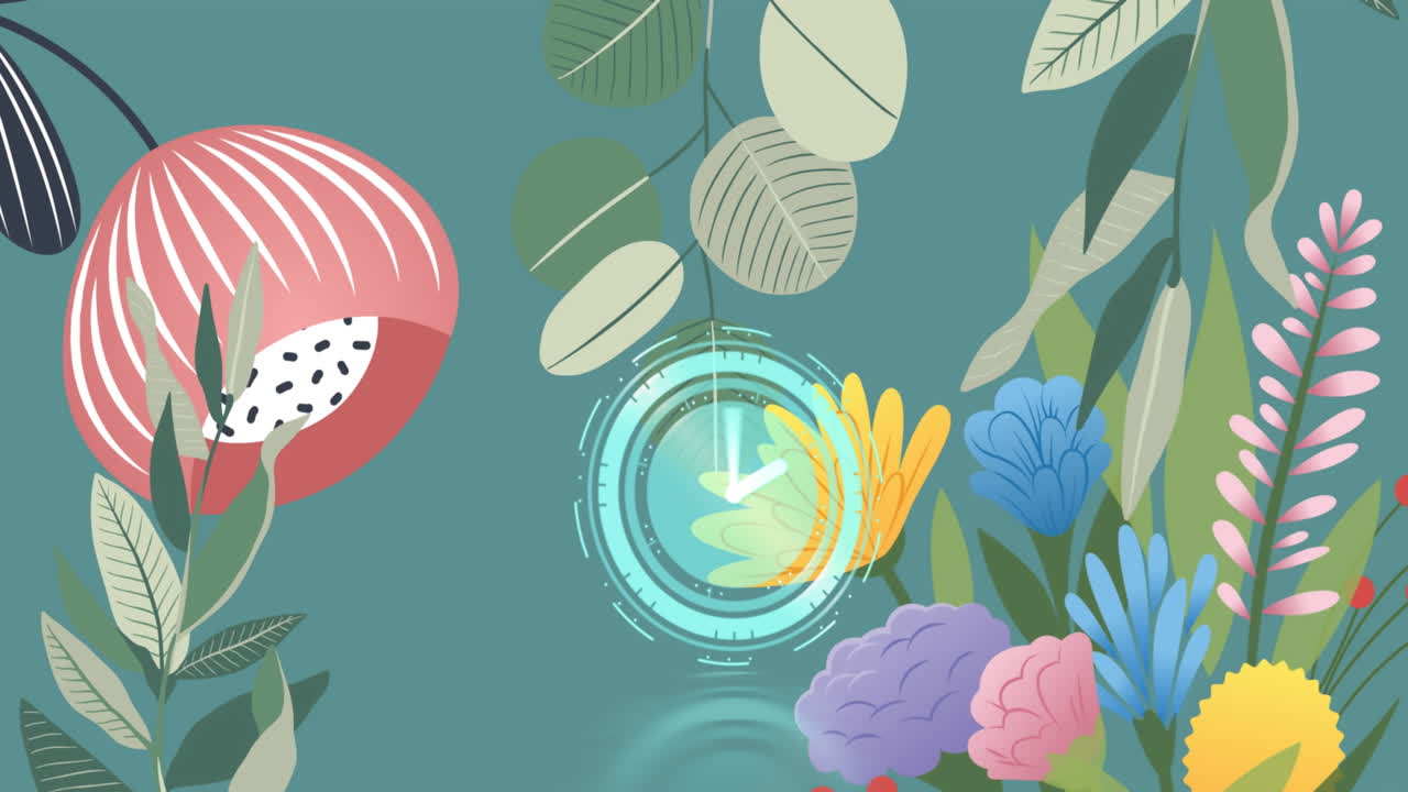 Digital animation of neon digital clock ticking against against floral designs on green background