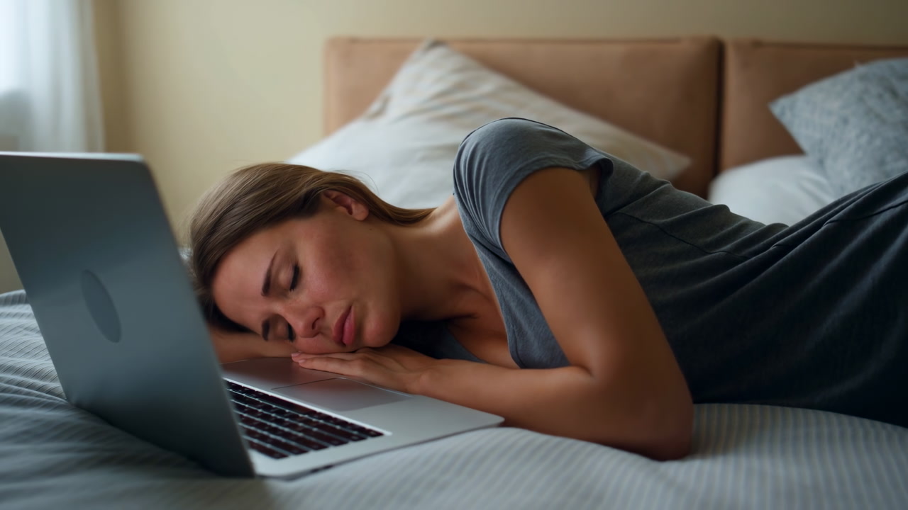 Woman Asleep On Laptop After Work, Latenight Exhaustion In Bedroom With Head Resting On Keyboard, Soft