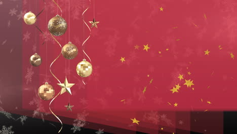 赤い背景の雪花と星の上にクリスマスの装飾品を吊るすアニメーション