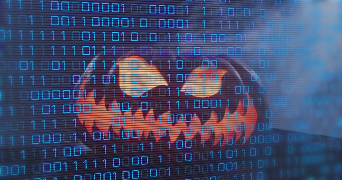 At start binary overlay appearing, pumpkin glowing, smoke rising, code flickering creating display