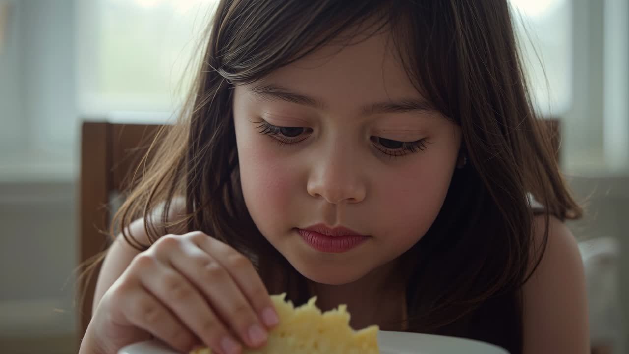 Ragazza che osserva il piatto, prendendo un dolce, ispezionando e assaggiando per un test alimentare con aroma animato.