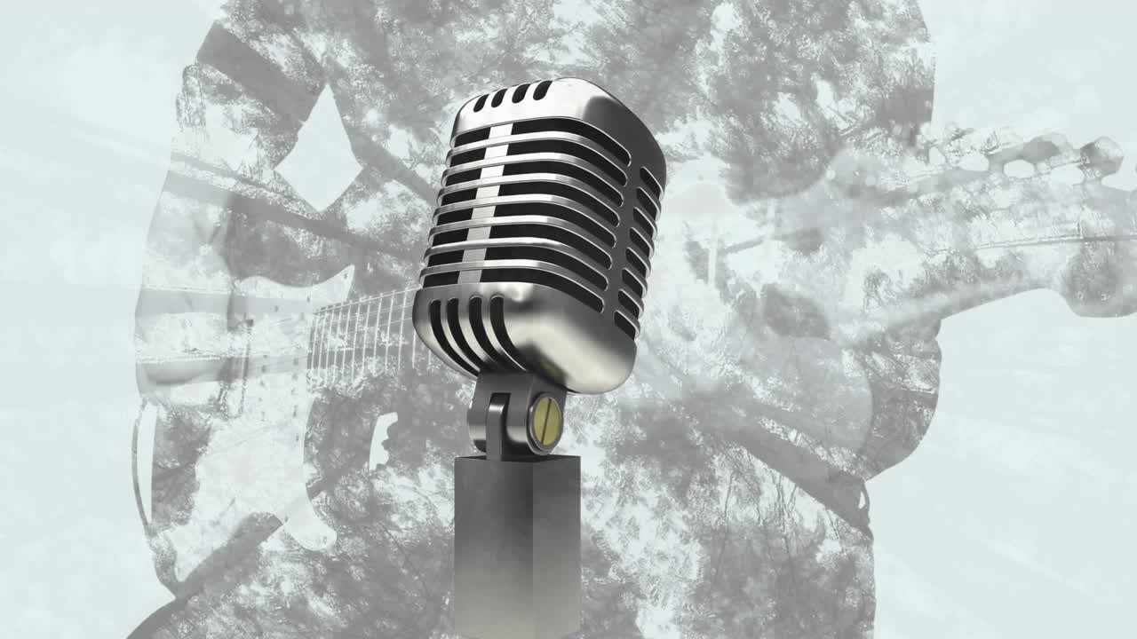 animación del micrófono sobre la silueta de un hombre caucásico tocando la guitarra y los árboles