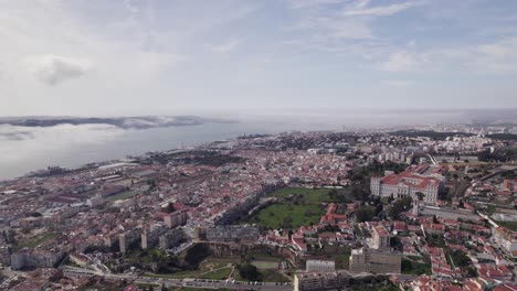 slow aerial orbit over the capital lisbon in portugal on a cloudy moody day