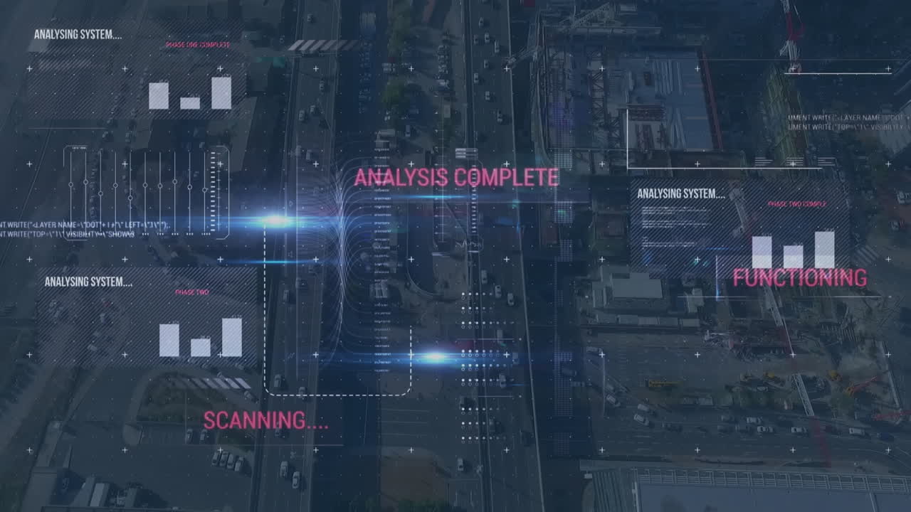 Animation of data processing over cityscape