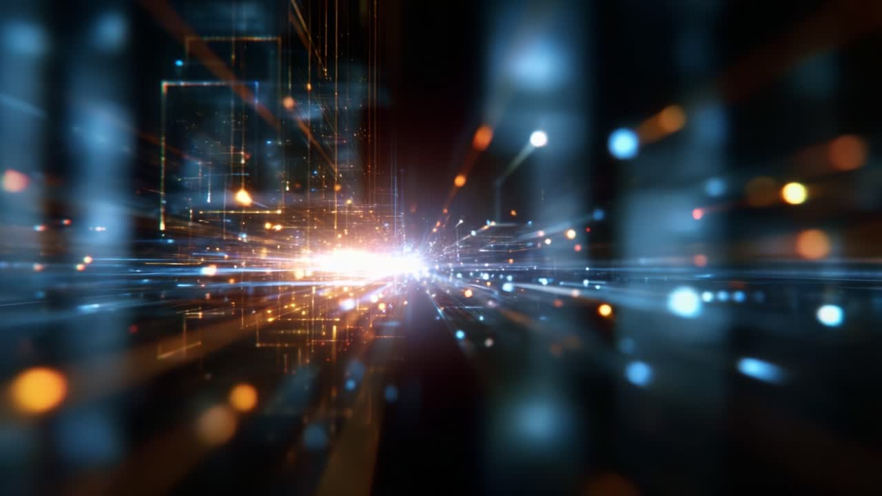 Illustrazione del concetto di flusso di luce dinamico che rappresenta il flusso di energia e il trasferimento dati ad alta velocità in un ambiente digitale futuristico con particelle e linee luminose