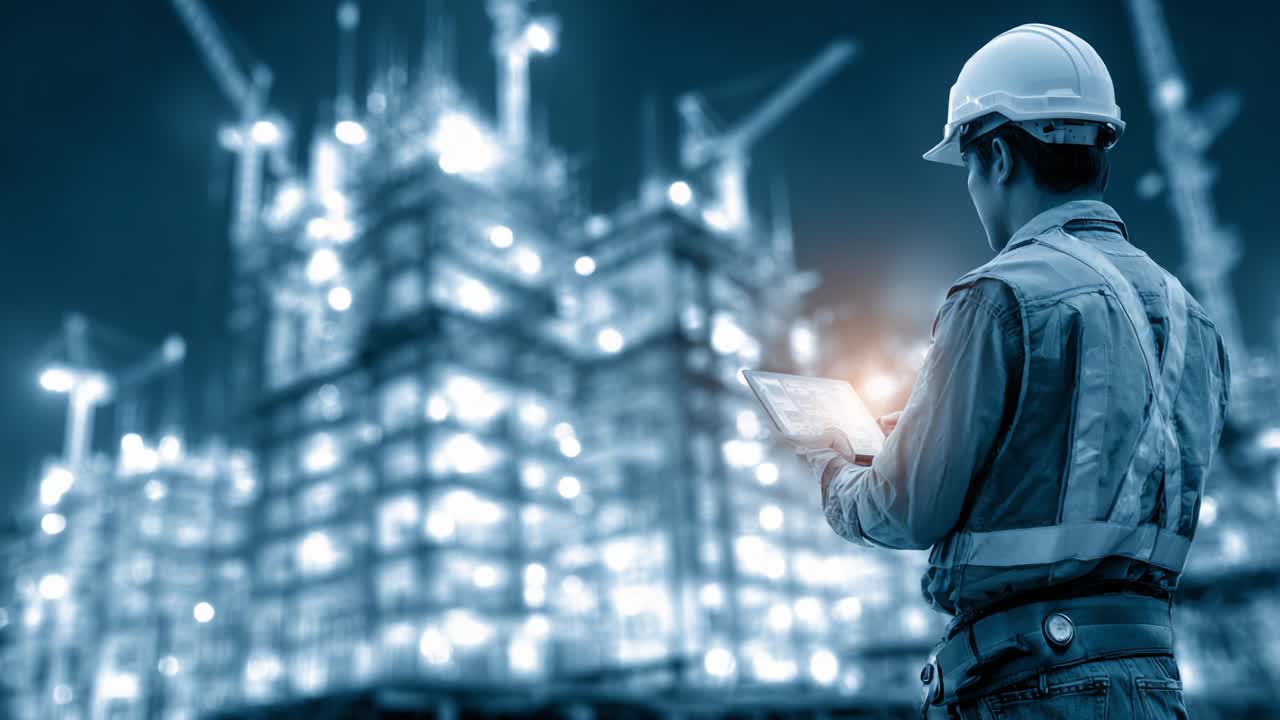A Construction Worker Utilizing Technology on a Building Site at Night, Overseeing Progress and Managing Projects with a Digital Device in a Modern, Dynamic Environment