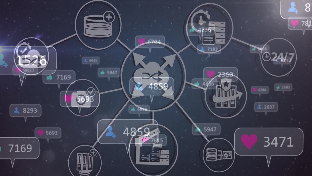 Animation of network of social media icons and numbers