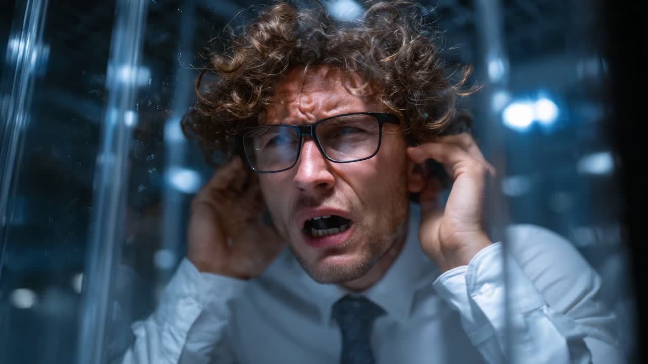 A Man Struggles with Overwhelming Sensory Overload While Trapped in a Transparent Enclosure, Displaying a Range of Emotions from Distress to Anxiety