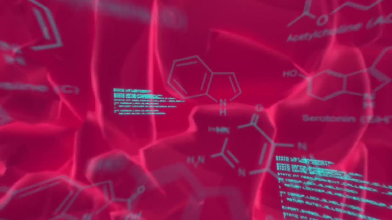 화학 공식의 애니메이션과 회전하는 뇌와 정맥에 대한 데이터 처리