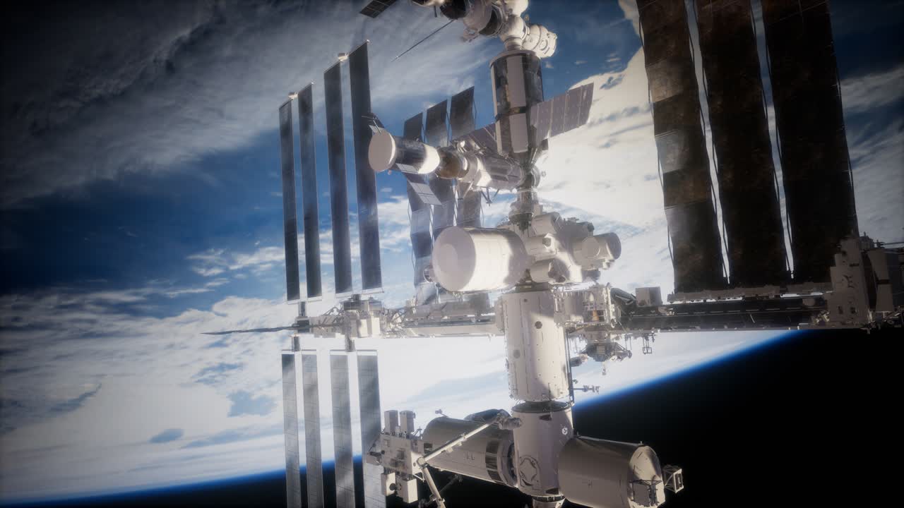 una vista de la tierra y una nave espacial. iss está orbitando la tierra