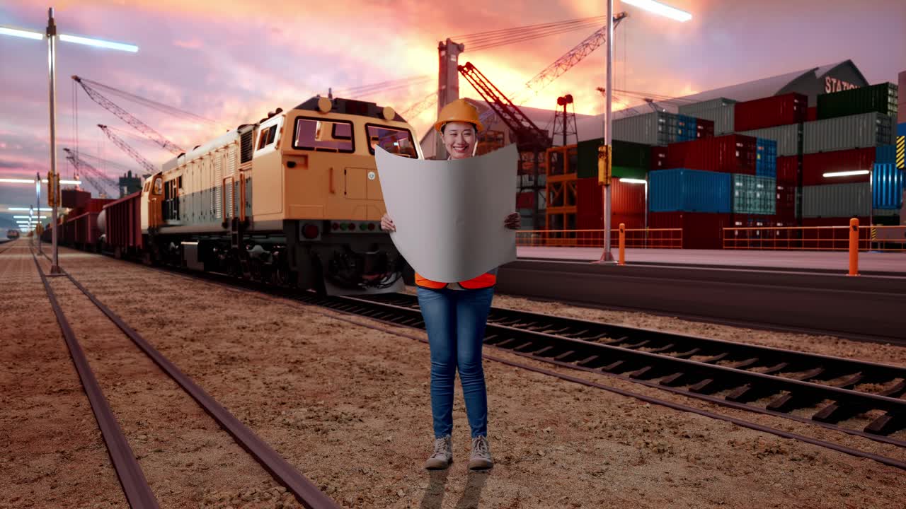Full Body Of Asian Female Engineer With Safety Helmet Looking At Blueprint In Her Hands With Freight Cargo Train At Port