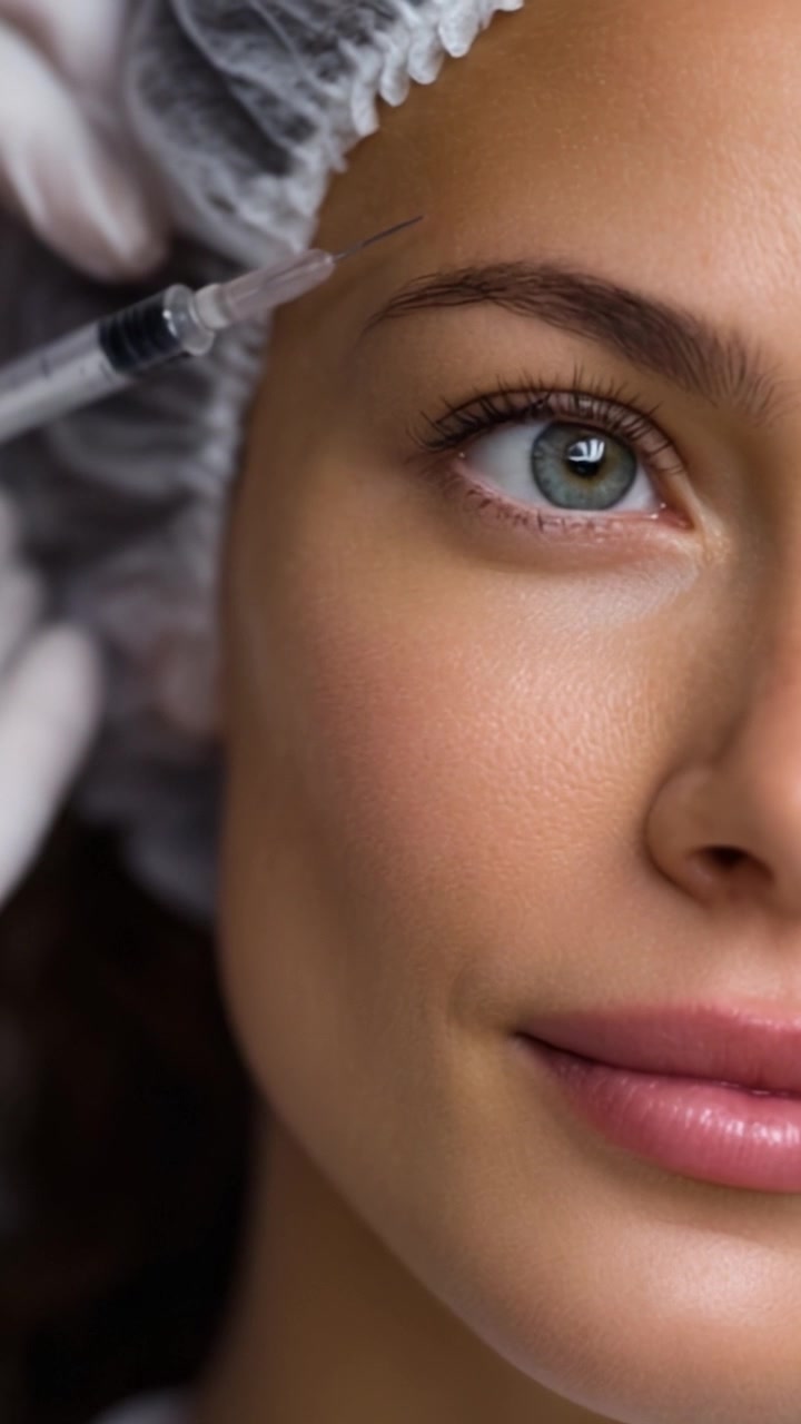 Explorando Tratamentos Estéticos: Close-up de uma Mulher Sendo Submetida a um Procedimento de Aprimoramento Cosmético com Injetor para Definição de Sobrancelha e Facial.