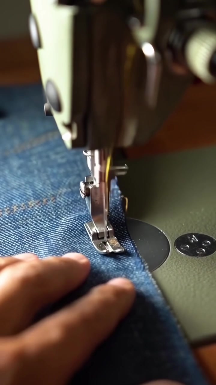 Sewing Machine Stitching Blue Denim Fabric with Yellow Thread