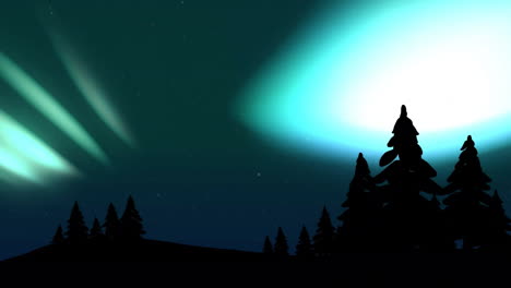 animation of trees silhouettes over northern lights on sky