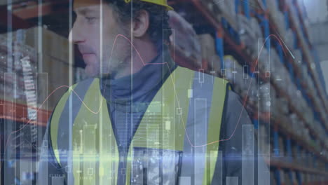 animación de estadísticas y procesamiento de datos financieros sobre el hombre que trabaja en el almacén