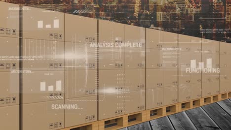 animation of statistics processing over cardboard boxes on conveyor belt and cityscape