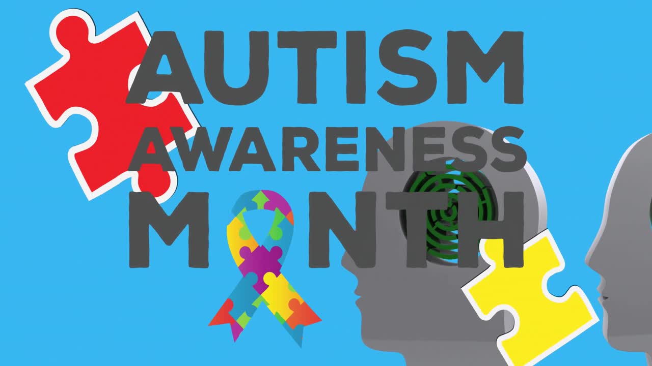 animación del mes de concienciación sobre el autismo texto sobre la cabeza con laberinto y rompecabezas que forman cinta