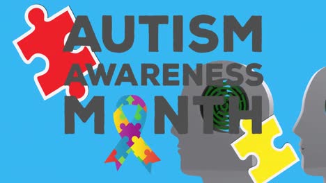 Animation-of-autism-awareness-month-text-over-head-with-maze-and-puzzles-forming-ribbon