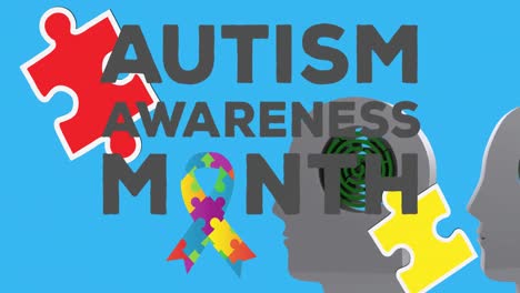 Animation of autism awareness month text over head with maze and puzzles forming ribbon